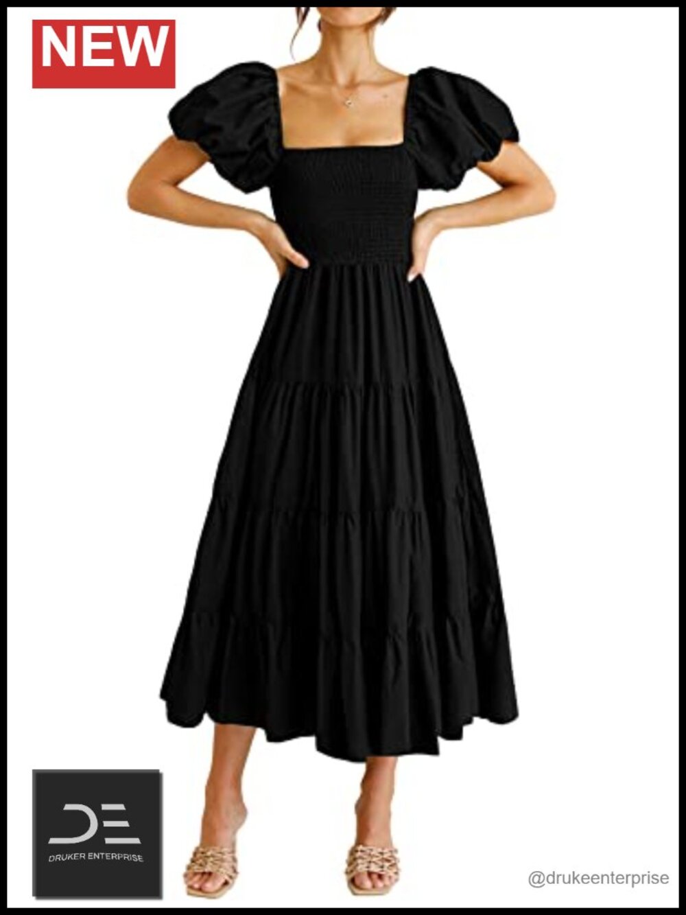 Women's Smocked Midi Dress Square Neck Open Back A-Line Summer